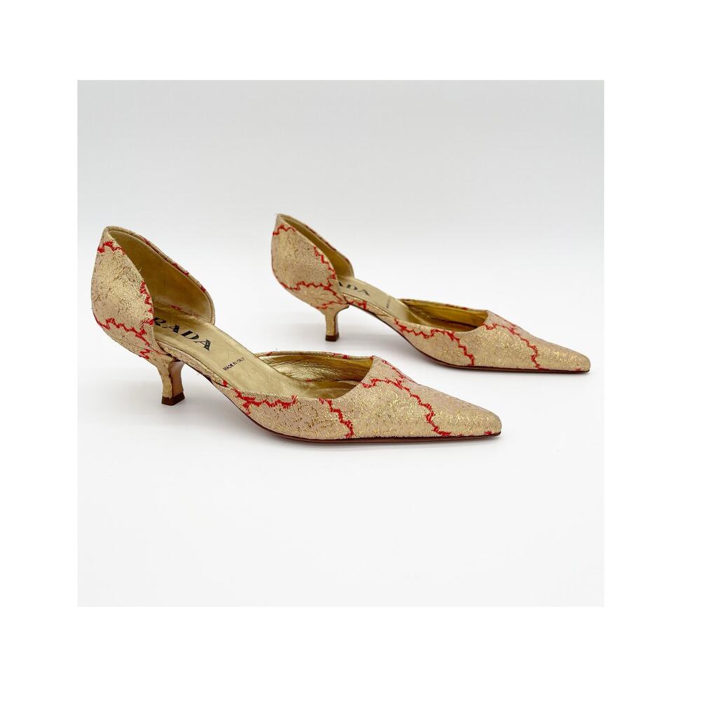 Prada Vintage Gold Brocade Red Woven D’Orsay Pointed Toe Kitten Heels IT 36
